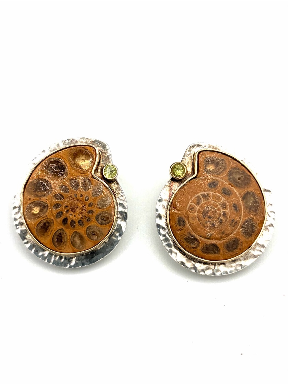 BOMA Sterling Silver Fossil Ammonite Earrings with Green Peridot & Gold Accent